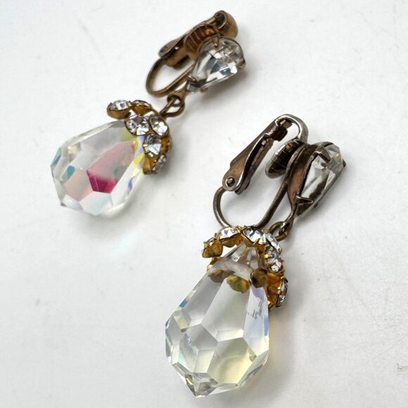 Aurora Borealis Vintage Crystal Clip-On Gold-Tone Drop Earrings Rhinestone - Picture 6 of 6